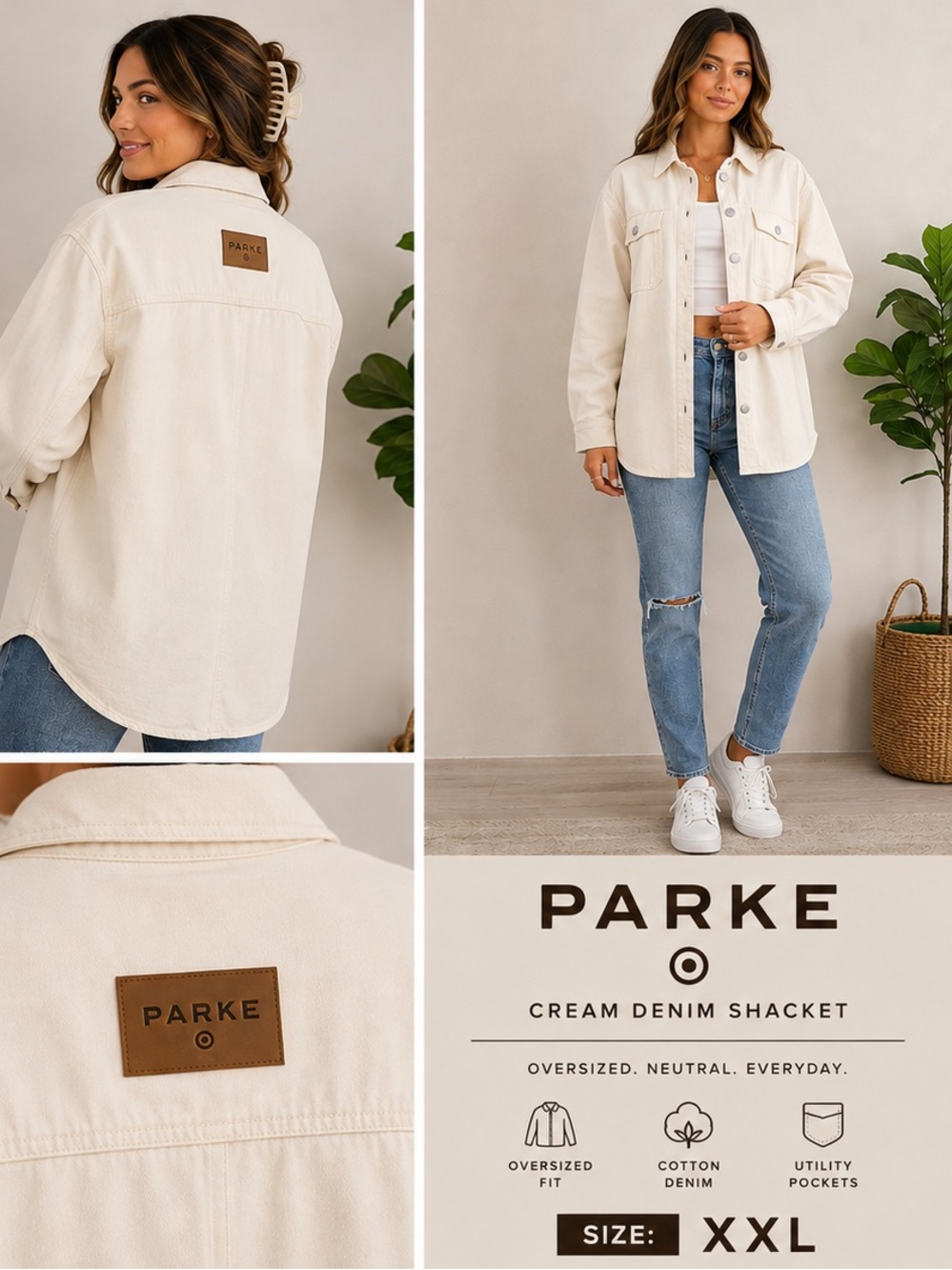 PARKE Target NWT Cream Denim Shacket Utility Jacket XXL Oversized